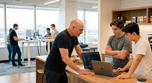 Tom Berger with team members reviewing work